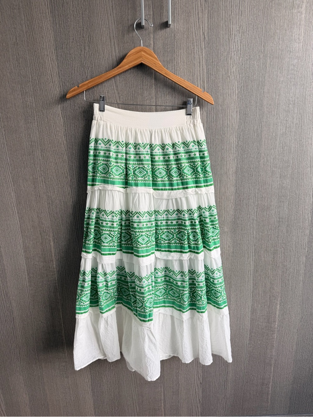 Maje White and Green Tiered Maxi Skirt